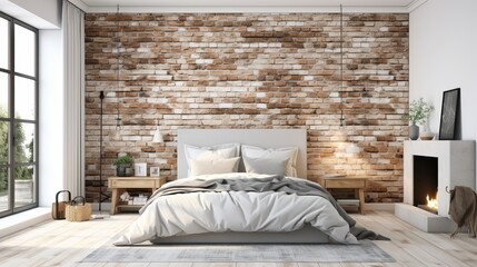 Scandinavian loft bedroom with rustic wooden bed against empty white wall and copy space