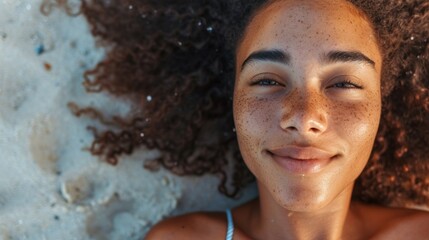 Fototapeta na wymiar Young African American woman with freckles, blue eyes, and curly red hair taking a selfie while lying on the sandy ocean beach