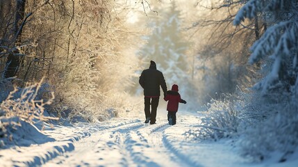 A family strolls across a snow-covered wilderness.