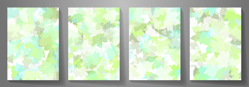 Green spring set vector background with leaves for poster, cover design, banner, flyer, cards. Light green summer illustration for design.