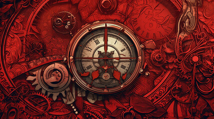 Fototapeta na wymiar Red, vintage background, products, enginer, generative, ai, steampunk, background, clockwork, brooch, plate, utensils, dish