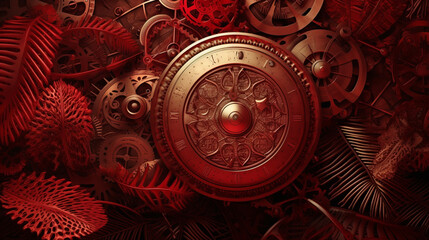 Fototapeta na wymiar Red, vintage background, products, enginer, generative, ai, steampunk, background, clockwork, brooch, plate, utensils, dish
