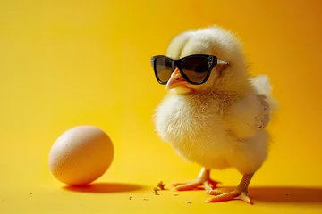 Deurstickers cute little chicken in sunglasses with one egg on a yellow background © Francesco