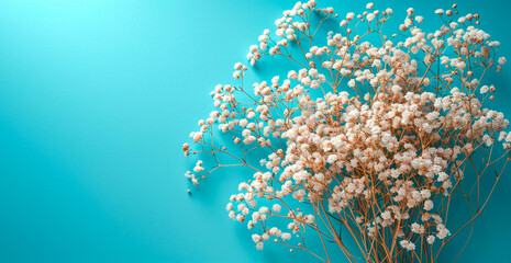 Bright floral bouquet of gypsophila on a blue background, festive mood - AI Generated Image