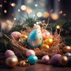 Fototapeta na wymiar Easter golden eggs, feathers in the nest and flowers, bokeh and candles. Postcard for Easter. Minimal Christmastide concept. Side view. Generated AI