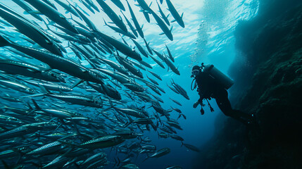 Diver encountering a vibrant school of barracuda in a tropical ocean.