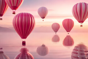 soft and romantic cloudy atmosphere , pink clouds and hot air balloons 
