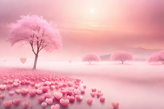 soft and romantic cloudy atmosphere , pink clouds and  trees , diffuse ambiance