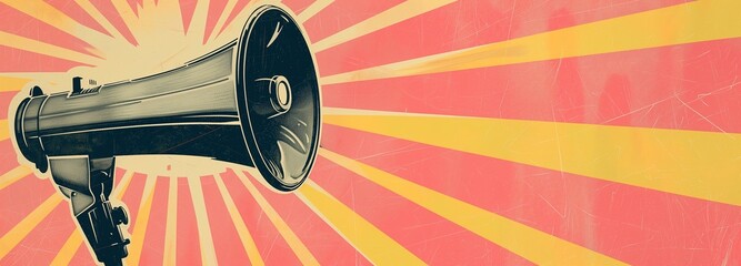 Close-up of vintage megaphone against a pink and yellow sunburst pattern, with a retro halftone texture. - obrazy, fototapety, plakaty