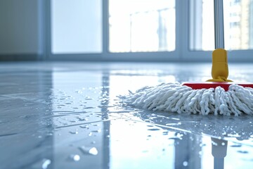 Close up cropped image of cleaning the floor with a mop. White interior. Cleaning service background