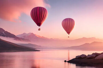 soft and romantic cloudy atmosphere , pink clouds and hot air balloons  - obrazy, fototapety, plakaty
