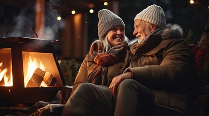 An elderly couple cuddled up by an outdoor fireplace on a cold winter's evening.