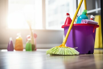 Cleaning items on the floor. Washing set colorful with copy space banner.
