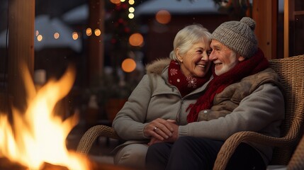 An elderly couple cuddled up by an outdoor fireplace on a cold winter's evening.