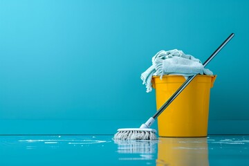 Cleaning items on the floor. Washing set colorful with copy space banner.