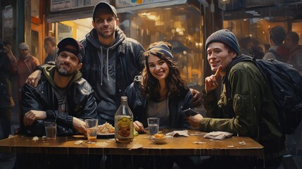 A bunch of pals visiting a street food vendor in a portrait. - obrazy, fototapety, plakaty
