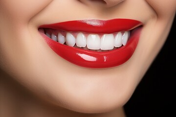 Obraz premium Close up portrait of woman with perfect red lips and clear white teeth, radiant smile.