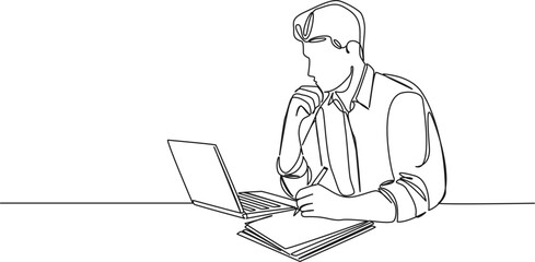continuous single line drawing of man taking notes on paper white using laptop computer, line art vector illustration