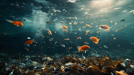 Fototapeta na wymiar Devastating environmental impact submerged plastic waste polluting the delicate ocean ecosystem.
