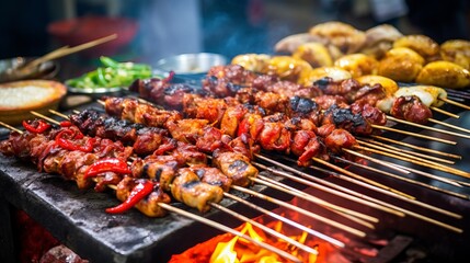 Street cuisine snacks are becoming increasingly popular in Vietnam, particularly among the younger population. They consist of mixed meats, fish, and veggies that are barbecued over a stove. - obrazy, fototapety, plakaty