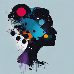 Silhouette of a female head in profile and paint stains