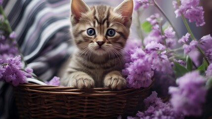 Fototapeta na wymiar Sitting in a basket filled with spring lilacs, a stripped cat looks at the camera.