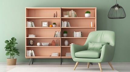Stylish scandinavian living room with green sofa, chair, and bookshelf against peach fuzz wall.
