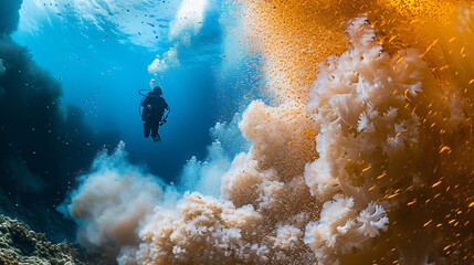 Diver witnessing the annual coral spawning event surrounded by a cloud of coral gametes.