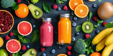 Healthy smoothies in bottles with fresh fruits and berries on dark background, top view. Healthy...