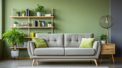 Scandinavian greenery  modern living room with green sofa, chair, and bookshelf against green wall.
