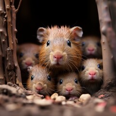 Photo of a baby capybara pup nestled in a group. Generative AI