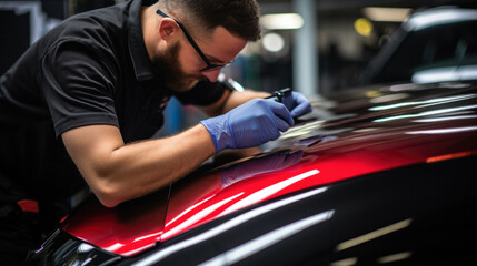 Process of pasting hood of red car with protective vinyl film from gravel chips and scratches. Transparent protection for paint.