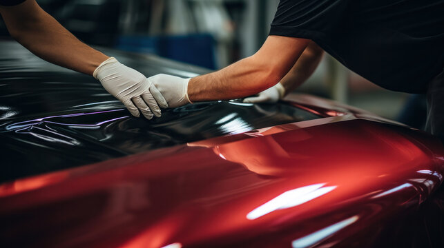 Process of pasting hood of red car with protective vinyl film from gravel chips and scratches. Transparent protection for paint.