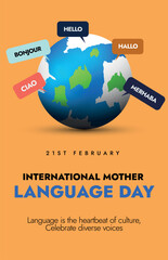 International Mother language day. 21st February language day celebration story banner with earth globe icon and speech bubbles, labels of greeting in different languages, Hello, Ciao, Bonjour, Hallo. © Sabeen