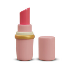 Lip cream in plastic pink bottle. Realistic packaging with red lipstick on white background with shadow. Cosmetic for females. Vector illustration in 3d style