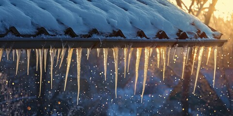 Icicles on the roof of the house in the rays of the setting sun