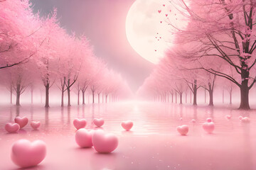 pink ethereal romantic cloudy landscape , valentines and love concept