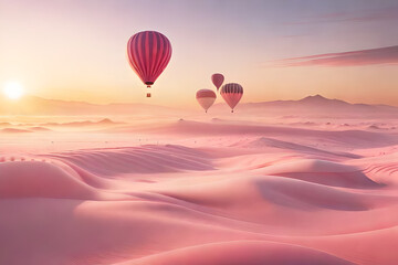 pink ethereal landscape , air balloons above the clouds , valentines and love concept - obrazy, fototapety, plakaty