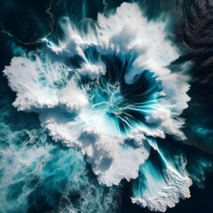 Spectacular aerial top view background photo of ocean sea water white wave splashing in the deep sea. Drone photo backdrop of sea wave in bird eye waves

