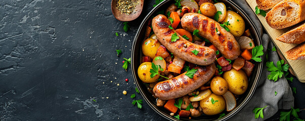 Fototapeta premium Dublin Coddle: Ingredients: Sausages, bacon, potatoes, onions, and sometimes barley