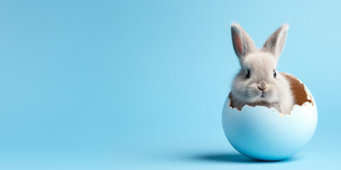 Cute Easter bunny hatching from a blue Easter egg on blue background