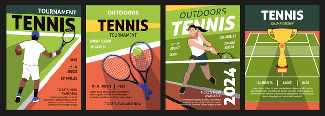 Tennis cards. Invitation posters, sports tournaments and competitions, championship announcements, players in uniform, banner with copy space. Cartoon flat isolated tidy vector set