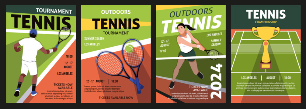 Tennis cards. Invitation posters, sports tournaments and competitions, championship announcements, players in uniform, banner with copy space. Cartoon flat isolated tidy vector set