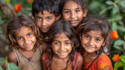 Fototapeta premium Group of indian kids smiling and looking at camera in the garden from above view.