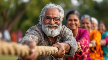 Senior indian people playing tug of war at the park in India. - obrazy, fototapety, plakaty