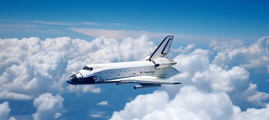 Magnificent space shuttle effortlessly gliding through the serene cotton candy cloudscape