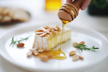 camembert with honey drizzle and slivered almonds, ready to serve