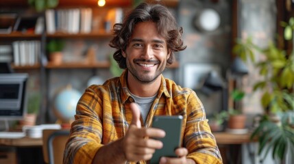 Portrait of handsome young indian man using smartphone and smiling while sitting in office