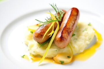 gourmet plating of bangers and mash with chives - obrazy, fototapety, plakaty