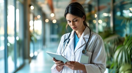 A young female physician is shown on a blurry background carrying a tablet PC.